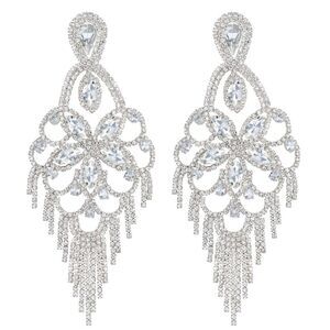 Silver with White Diamond Austrian Crystal Banquet Chandelier Post Back Earrings